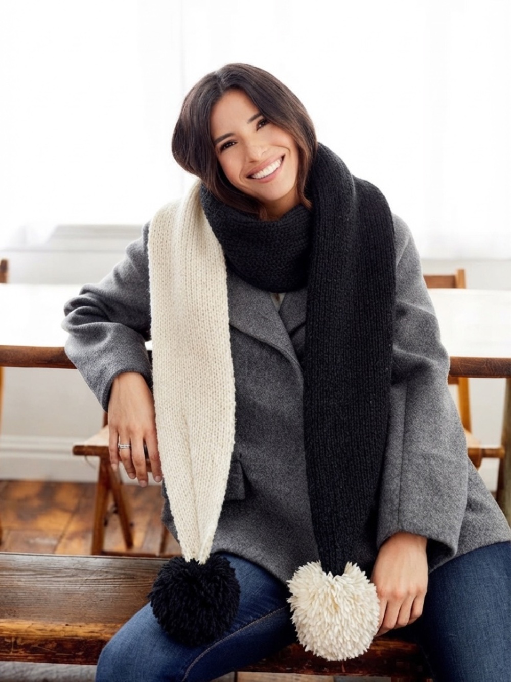 kate spade ♠️ Contrasting Color-Block & Plush Pom-Pom Scarf in Black & Cream